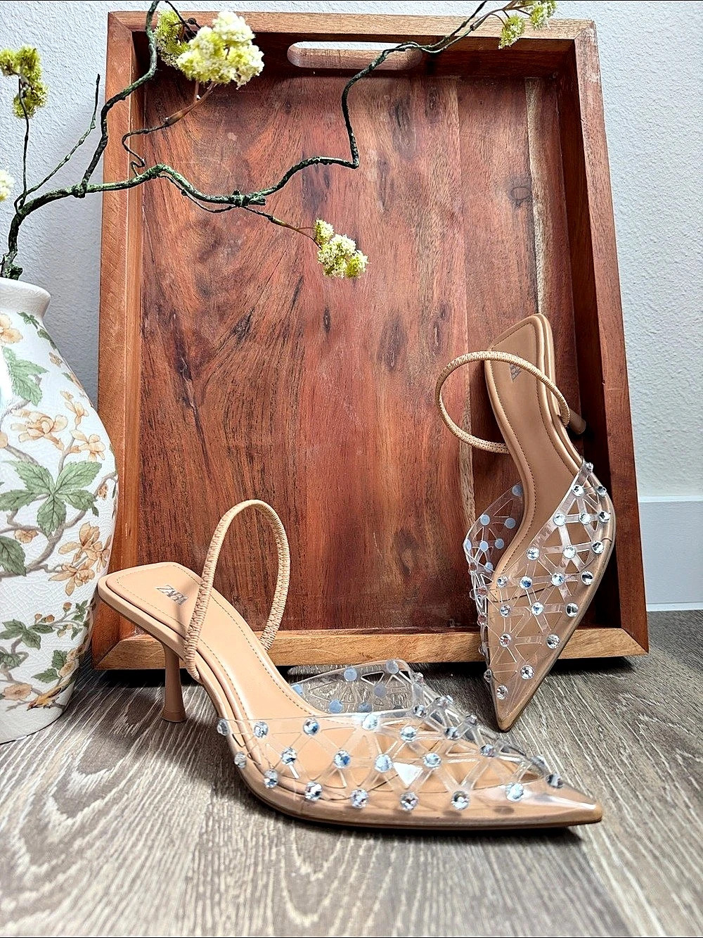 ZARA Rhinestone Vinyl Kitten Heel Sandals Embellished Pointed-Toe